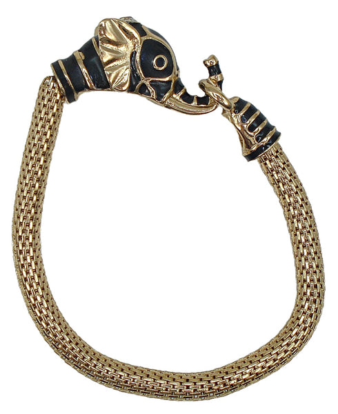 Vintage Gold tone Besh Bracelet Enamel Elephant 7' 5/8" Wide