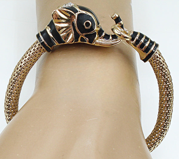 Vintage Gold tone Besh Bracelet Enamel Elephant 7' 5/8" Wide