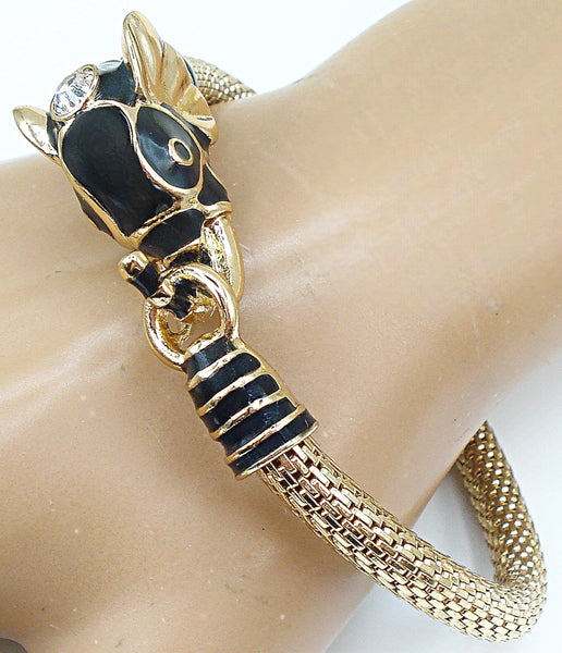 Vintage Gold tone Besh Bracelet Enamel Elephant 7' 5/8" Wide