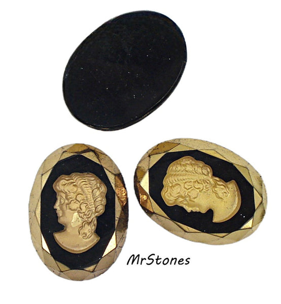 25x18mm Intaglio Oval Shape Flat Back Arum Golden Jet Glass Left Facing Lady