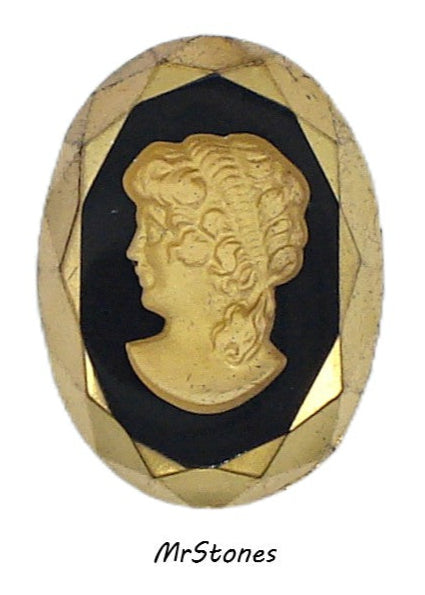 25x18mm Intaglio Oval Shape Flat Back Arum Golden Jet Glass Left Facing Lady