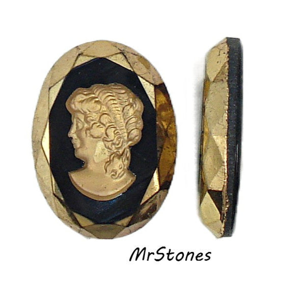 25x18mm Intaglio Oval Shape Flat Back Arum Golden Jet Glass Left Facing Lady