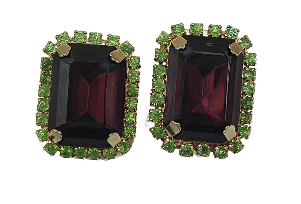 Vintage 1 1/4" Peridot Amethyst Rhinestone Prong Set Gold tone Clip On Earrings