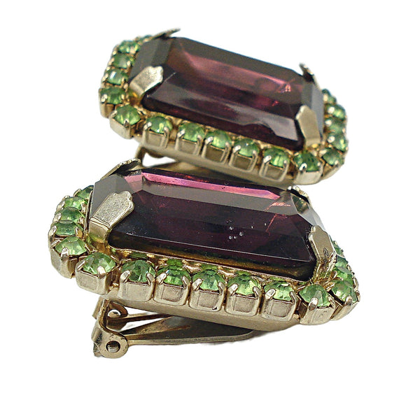 Vintage 1 1/4" Peridot Amethyst Rhinestone Prong Set Gold tone Clip On Earrings