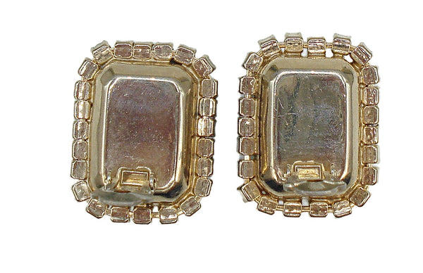 Vintage 1 1/4" Peridot Amethyst Rhinestone Prong Set Gold tone Clip On Earrings