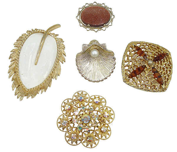 5pc Gold Tone Brooch Pin Lot Assortment