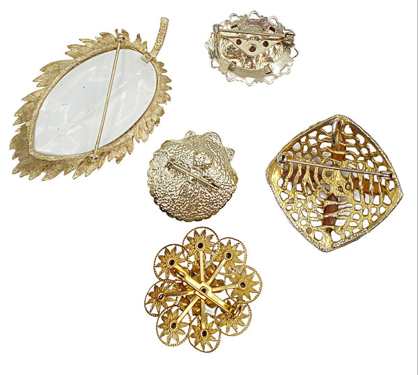 5pc Gold Tone Brooch Pin Lot Assortment