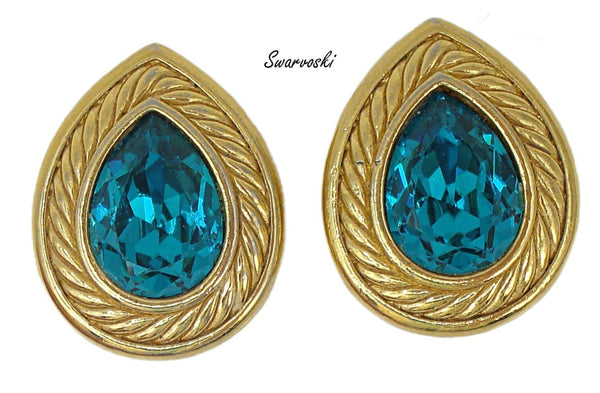 Vintage Swarovski Clip On Earrings 1" Gold Tone Pear Shape Blue Zircon Rhinestones