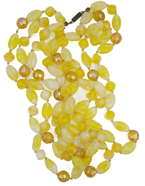 Vintage 60" Long Necklace Yellow Art Glass Topaz AB Beads