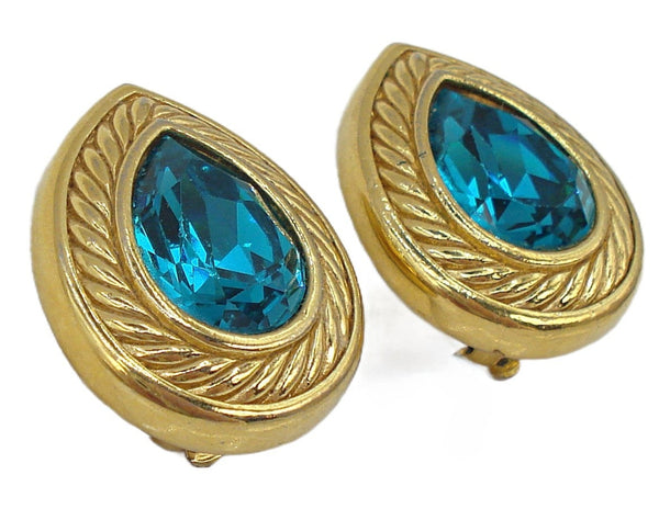 Vintage Swarovski Clip On Earrings 1" Gold Tone Pear Shape Blue Zircon Rhinestones