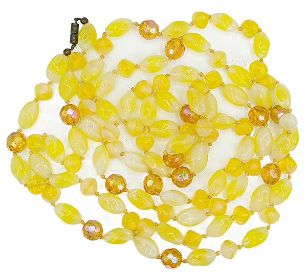 Vintage 60" Long Necklace Yellow Art Glass Topaz AB Beads