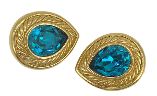 Vintage Swarovski Clip On Earrings 1" Gold Tone Pear Shape Blue Zircon Rhinestones