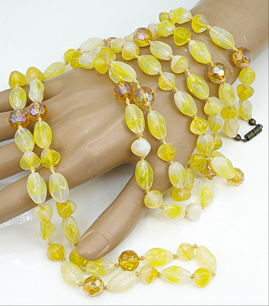 Vintage 60" Long Necklace Yellow Art Glass Topaz AB Beads