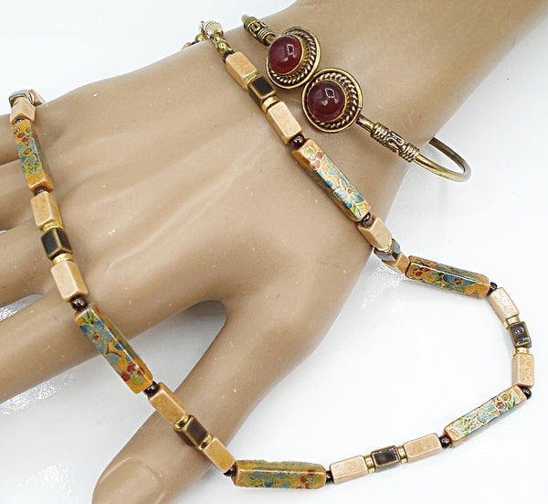 2\pc Jewelry Lot Cloisonne Necklace Siam Cuff Bracelet