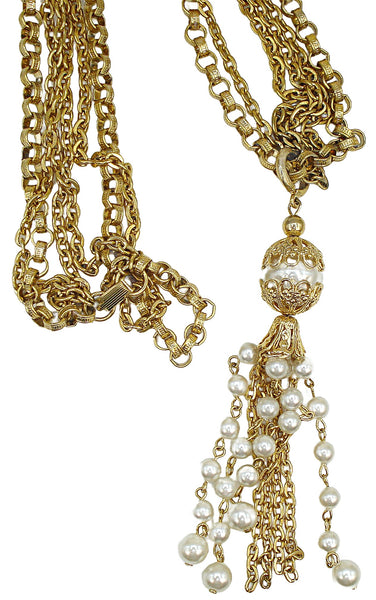 Necklace Victorian Revival Multi Gold Tone Chains Faux Pearl Tassel