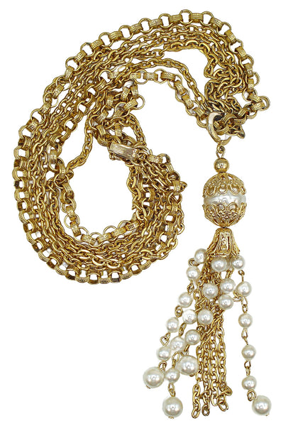 Necklace Victorian Revival Multi Gold Tone Chains Faux Pearl Tassel