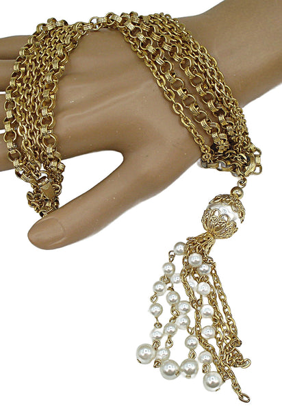 Necklace Victorian Revival Multi Gold Tone Chains Faux Pearl Tassel