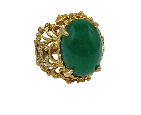 Vintage Victorian Revival Ring Gold Tone Filigree Glass Oval Chyrsophase Cabochon