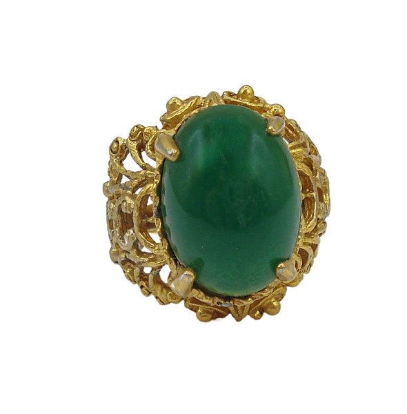 Vintage Victorian Revival Ring Gold Tone Filigree Glass Oval Chyrsophase Cabochon