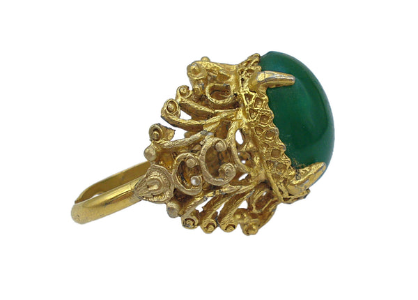 Vintage Victorian Revival Ring Gold Tone Filigree Glass Oval Chyrsophase Cabochon