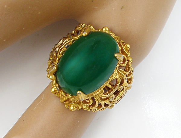 Vintage Victorian Revival Ring Gold Tone Filigree Glass Oval Chyrsophase Cabochon