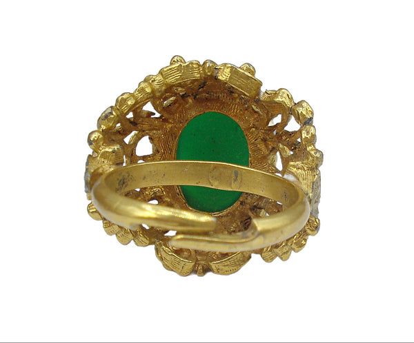 Vintage Victorian Revival Ring Gold Tone Filigree Glass Oval Chyrsophase Cabochon