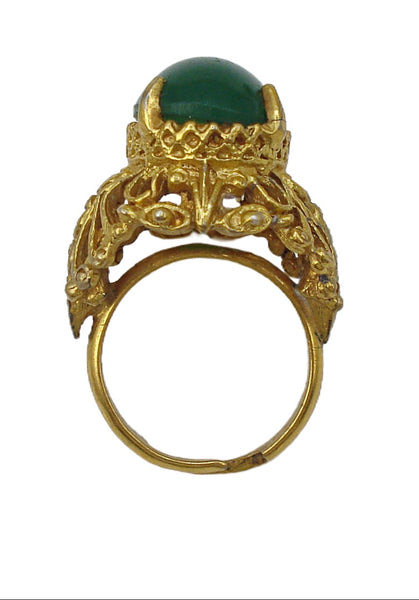 Vintage Victorian Revival Ring Gold Tone Filigree Glass Oval Chyrsophase Cabochon