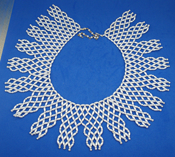 Necklace Glass White Pearl Beaded Collar Diamond Weave Pattern 15" x 3"