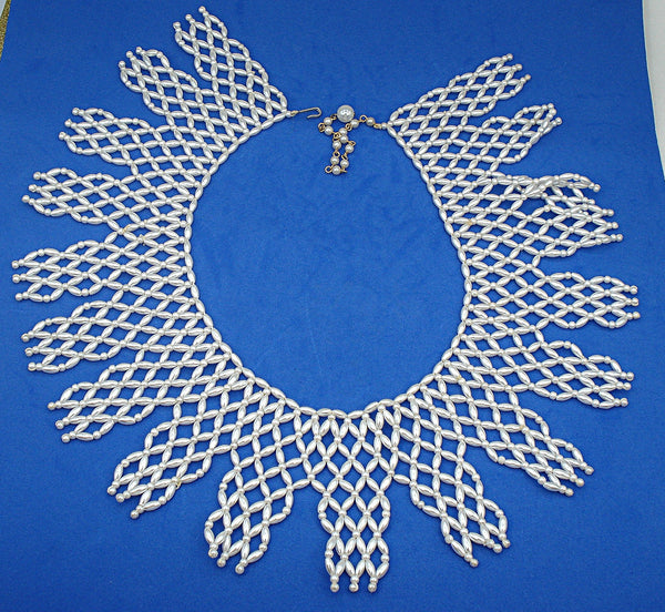 Necklace Glass White Pearl Beaded Collar Diamond Weave Pattern 15" x 3"
