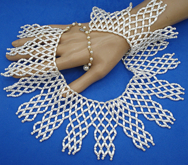 Necklace Glass White Pearl Beaded Collar Diamond Weave Pattern 15" x 3"