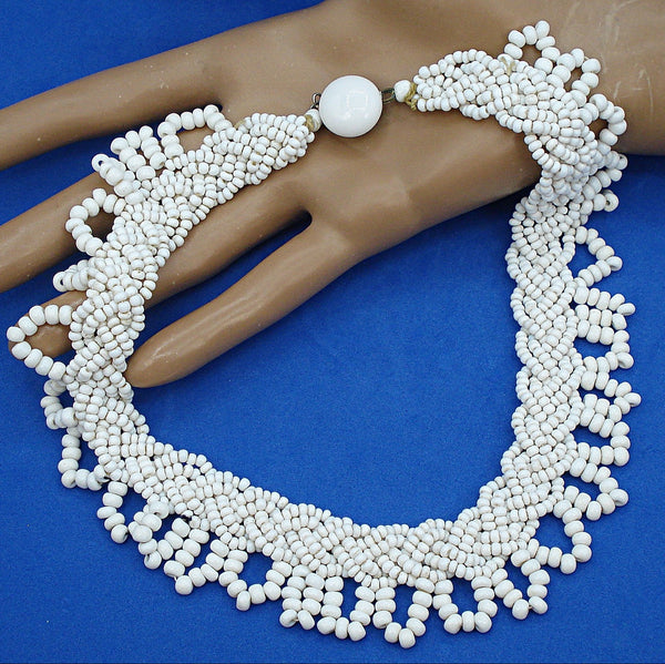 Necklace Chalk White Opaque Glass Seed Bead Scalloped Collar Weave