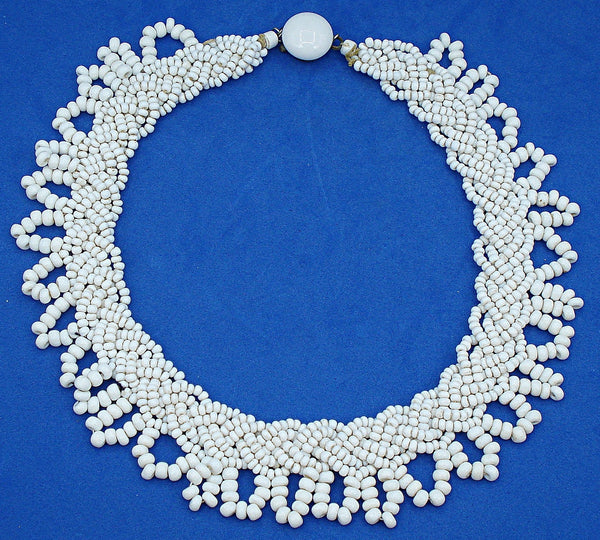 Necklace Chalk White Opaque Glass Seed Bead Scalloped Collar Weave