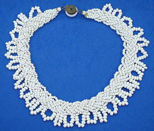 Necklace Chalk White Opaque Glass Seed Bead Scalloped Collar Weave