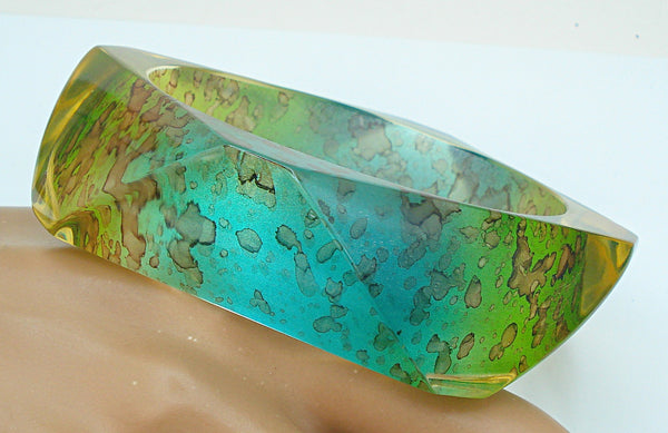 Bracelet Chunky Lucite Bangle Aqua Peridot Bi Color