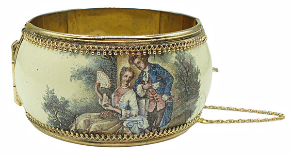 Hinged Bracelet Victorian Revival Enamel Limoges Couple Courting