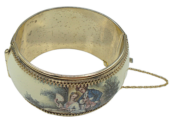 Hinged Bracelet Victorian Revival Enamel Limoges Couple Courting