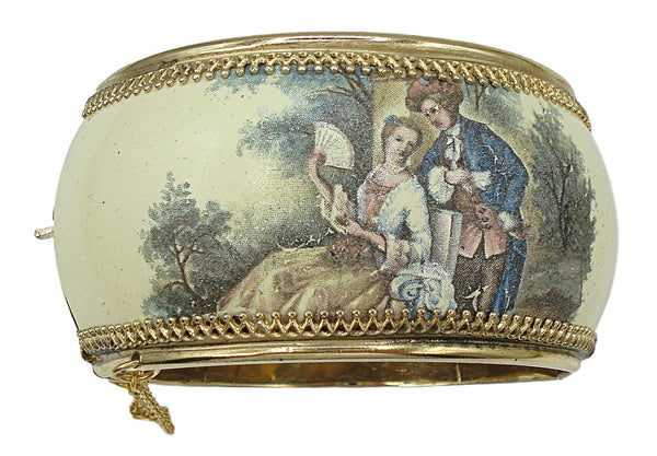 Hinged Bracelet Victorian Revival Enamel Limoges Couple Courting