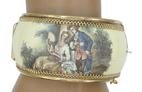 Hinged Bracelet Victorian Revival Enamel Limoges Couple Courting
