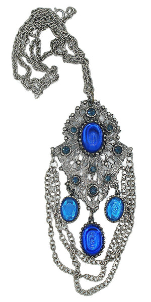 Necklace Pendant Victorian Revival Blue Glass Stone Asst Draping Chains
