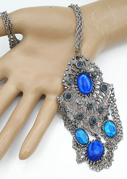 Necklace Pendant Victorian Revival Blue Glass Stone Asst Draping Chains