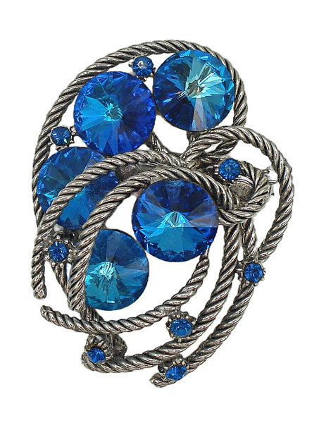 2" Brooch Silver Tone Twist Bermuda Blue Rivolis Rhinestones