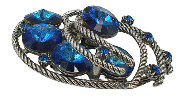 2" Brooch Silver Tone Twist Bermuda Blue Rivolis Rhinestones