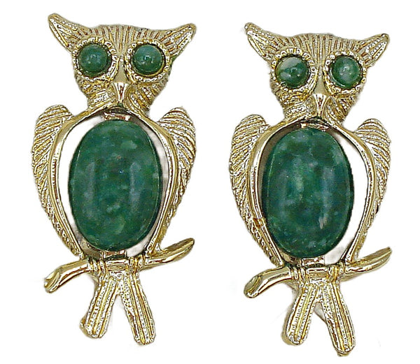 2 Vintage 1 3/8" Owl Pins Glass Chinese Jade Oval Cabochons