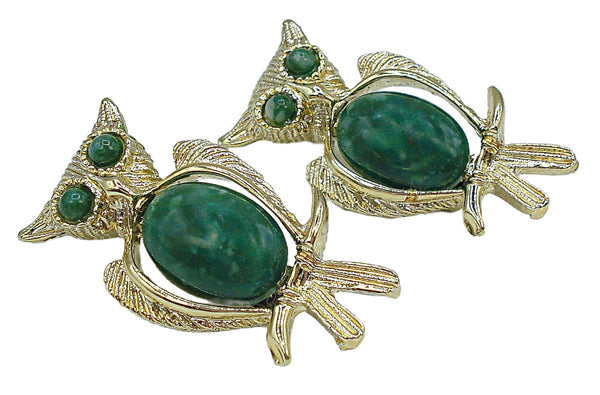 2 Vintage 1 3/8" Owl Pins Glass Chinese Jade Oval Cabochons