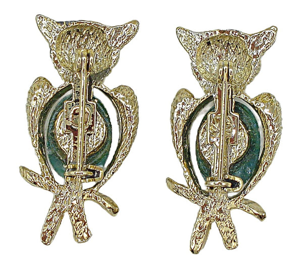 2 Vintage 1 3/8" Owl Pins Glass Chinese Jade Oval Cabochons