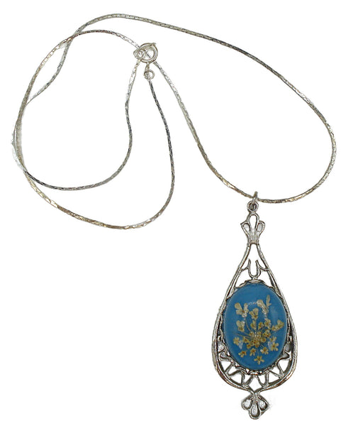17" Necklace Victorian Revival Filigree 2.5" Pendant Blue Lucite Oval Dried Flowers