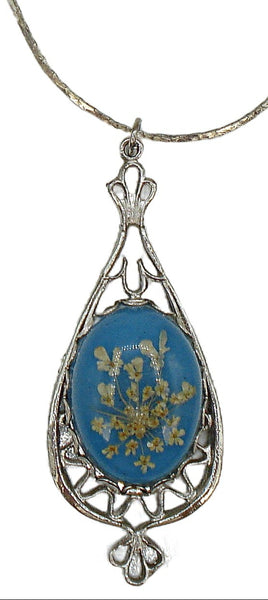 17" Necklace Victorian Revival Filigree 2.5" Pendant Blue Lucite Oval Dried Flowers