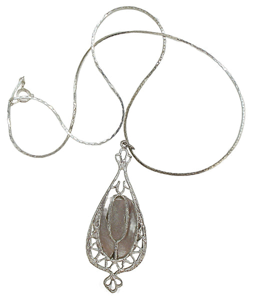 17" Necklace Victorian Revival Filigree 2.5" Pendant Blue Lucite Oval Dried Flowers