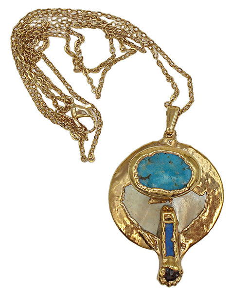 Necklace Pendant Gold Plated Bezel Inlay Turquoise Lapis MOP Garnet Stones