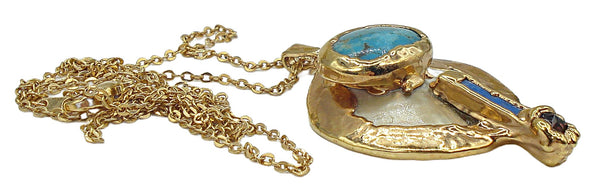 Necklace Pendant Gold Plated Bezel Inlay Turquoise Lapis MOP Garnet Stones